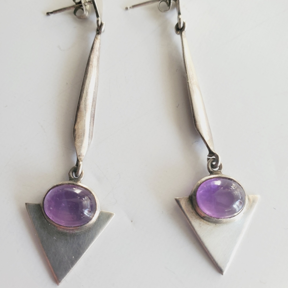 Modernist Sterling Silver 925 Amethyst Dangle Earrings signed